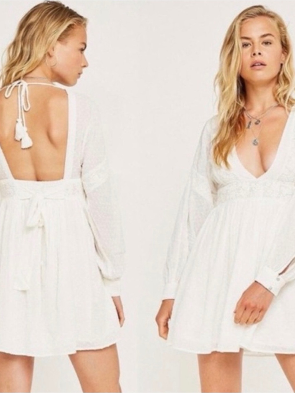 Free People Sugarpie White Long Sleeve Mini Dress S Smocked Waist V-Neck Small